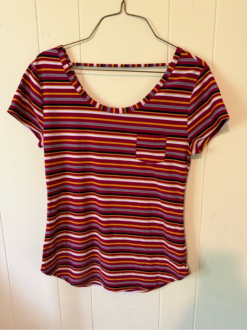 3 for $15🩷 No Boundaries Scoop Neck Striped Pocket Tee in Burgundy,Mustard & Nav
